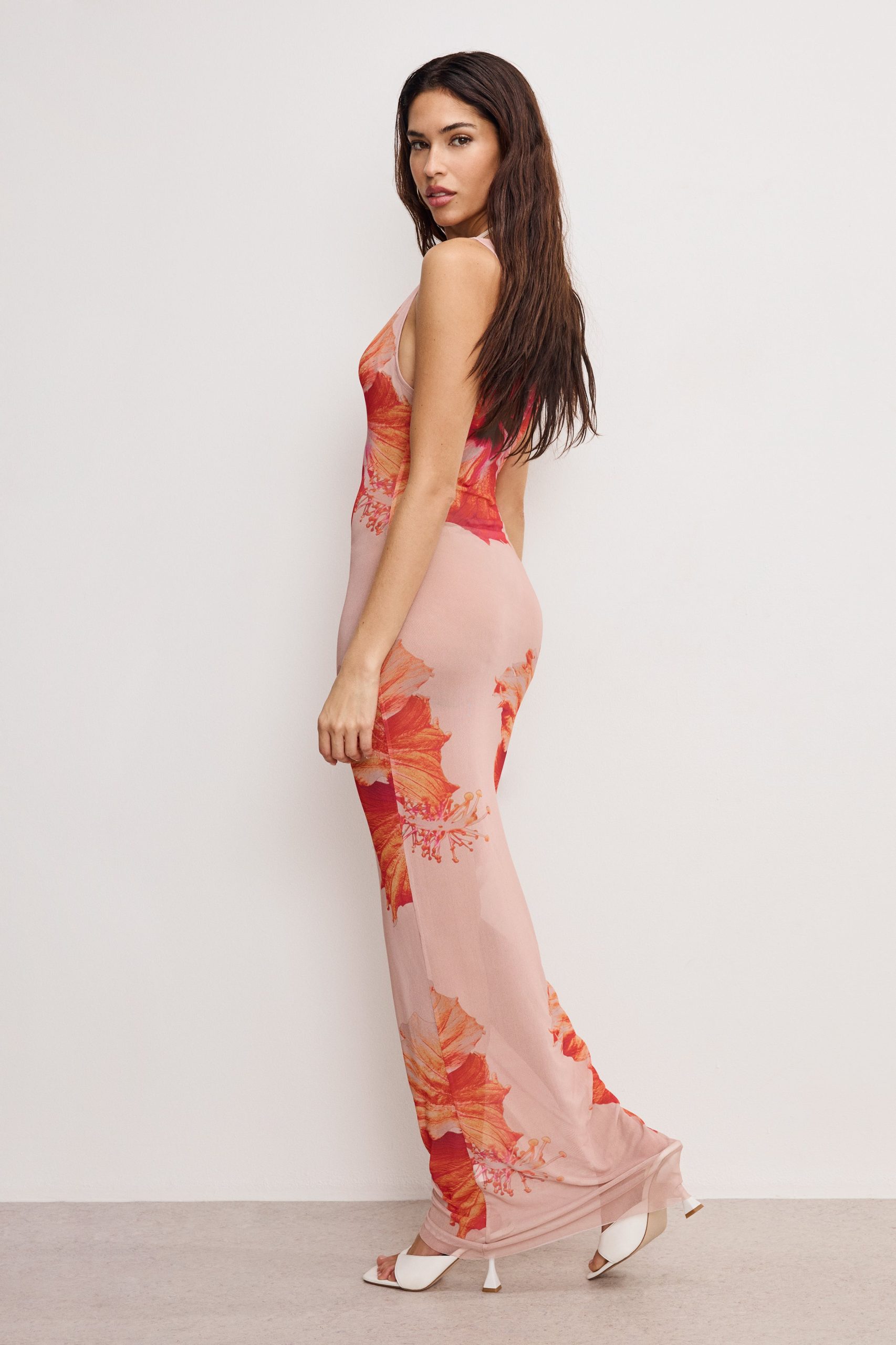 GAUZE MESH MAXI DRESS | MAUVE TROPICAL HIBISCUS001 - Image 4