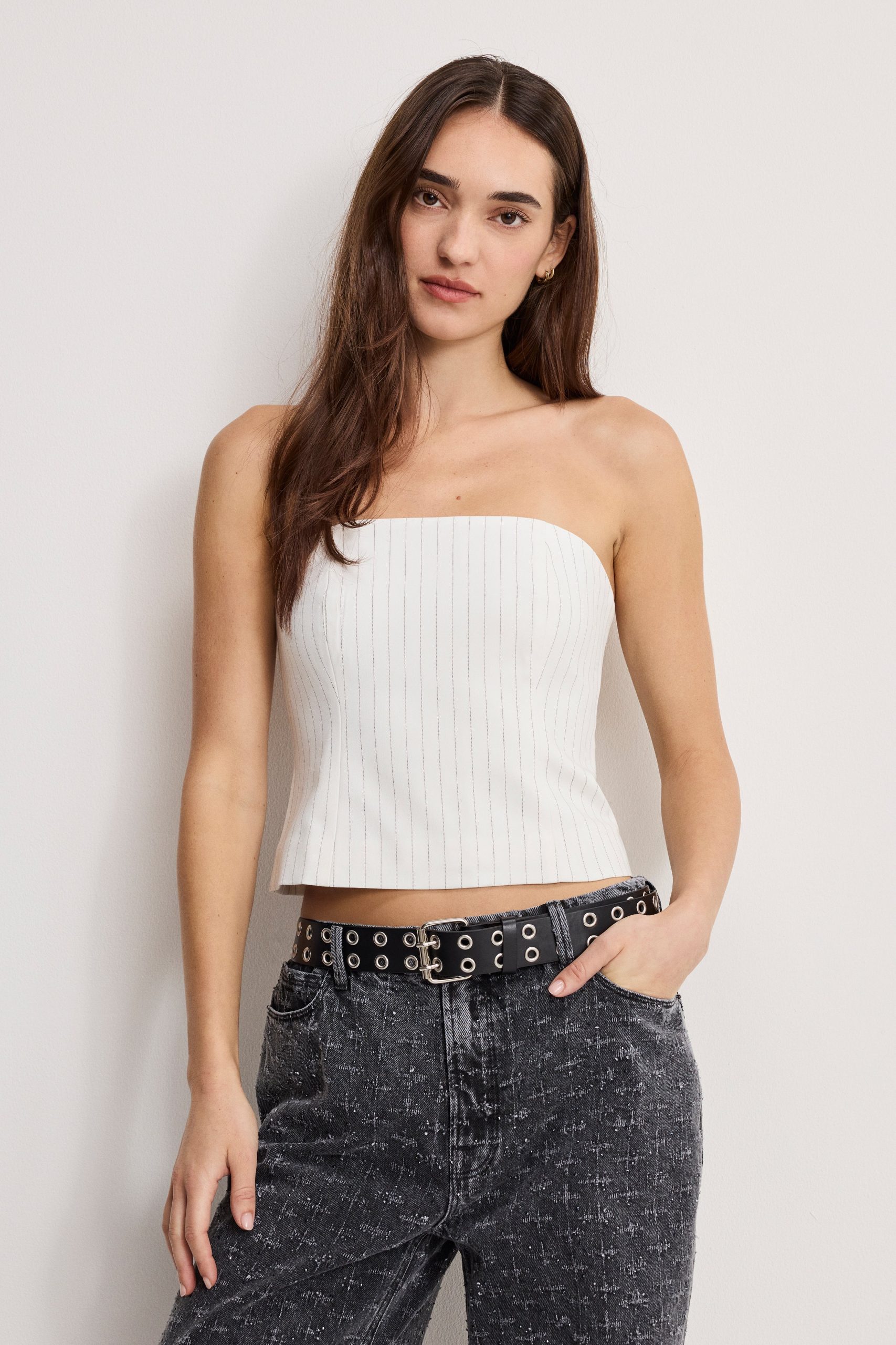 ESSENTIAL SUITING STRAPLESS TOP | CHESTNUT PIN STRIPE - Image 2