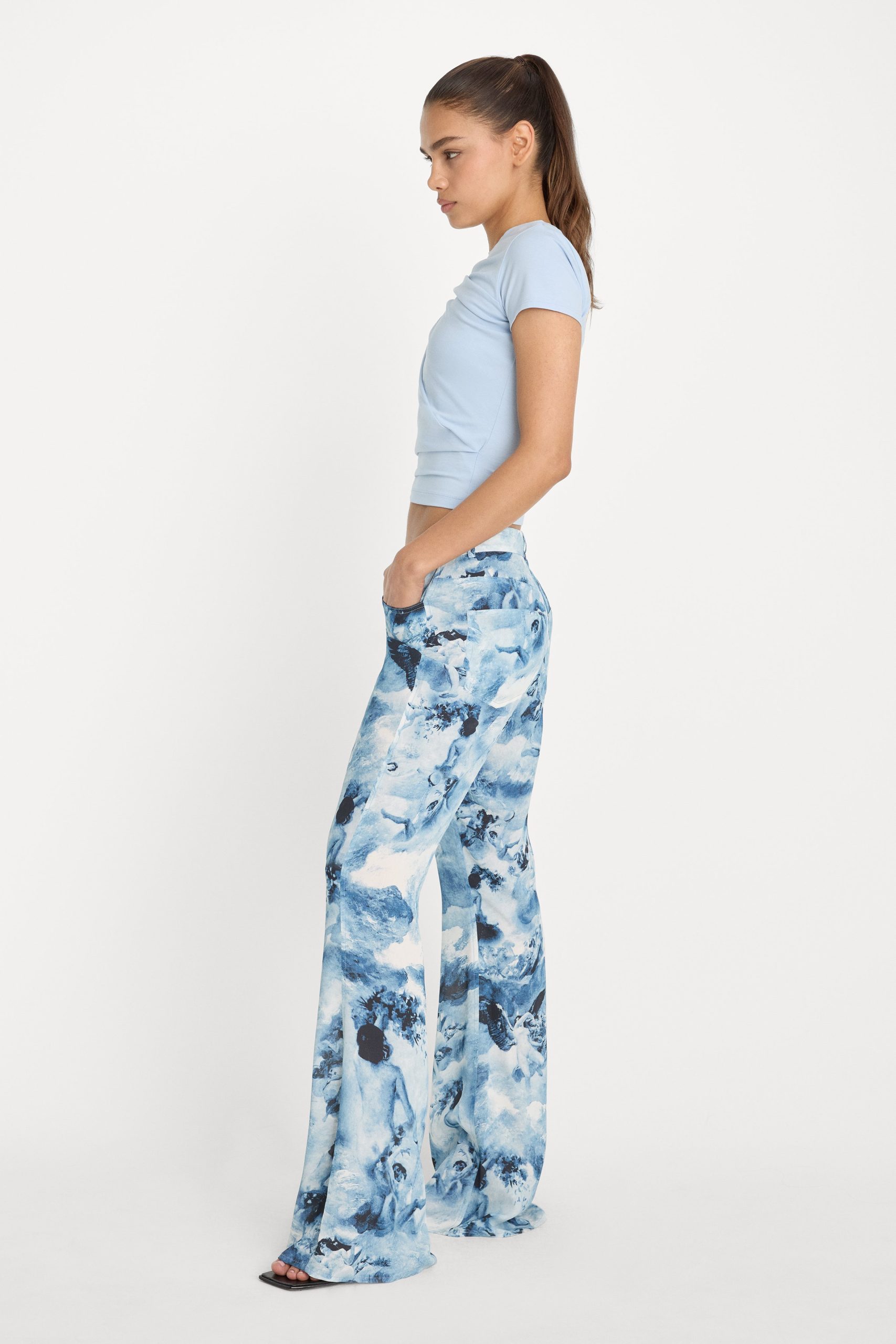 V WAIST CHIFFON FLARE PANTS | BLUE ANGEL PRINT - Image 4