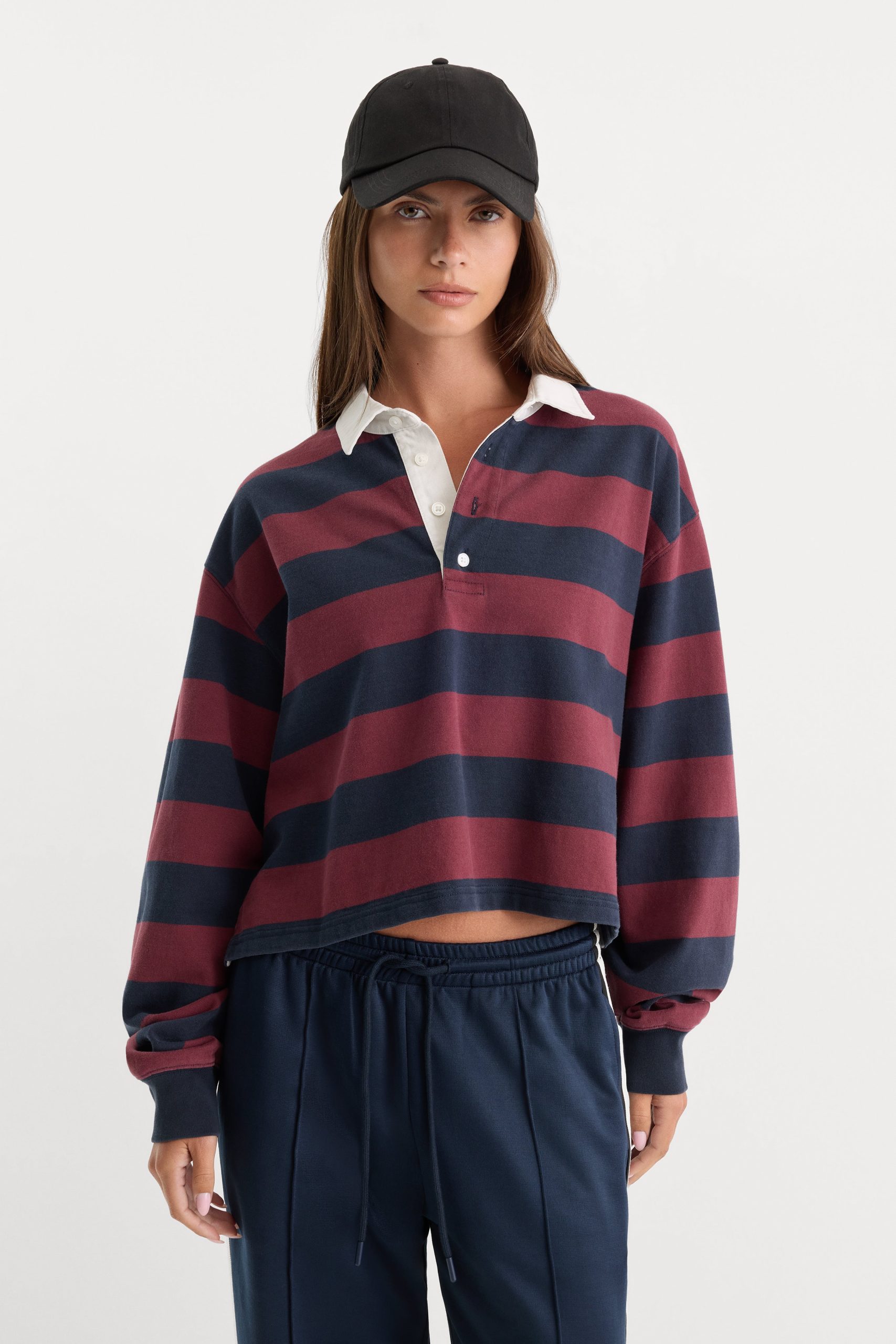 THE CROPPED RUGBY POLO | NAVY BERRY NOIR BLOCK STRIPE - Image 2