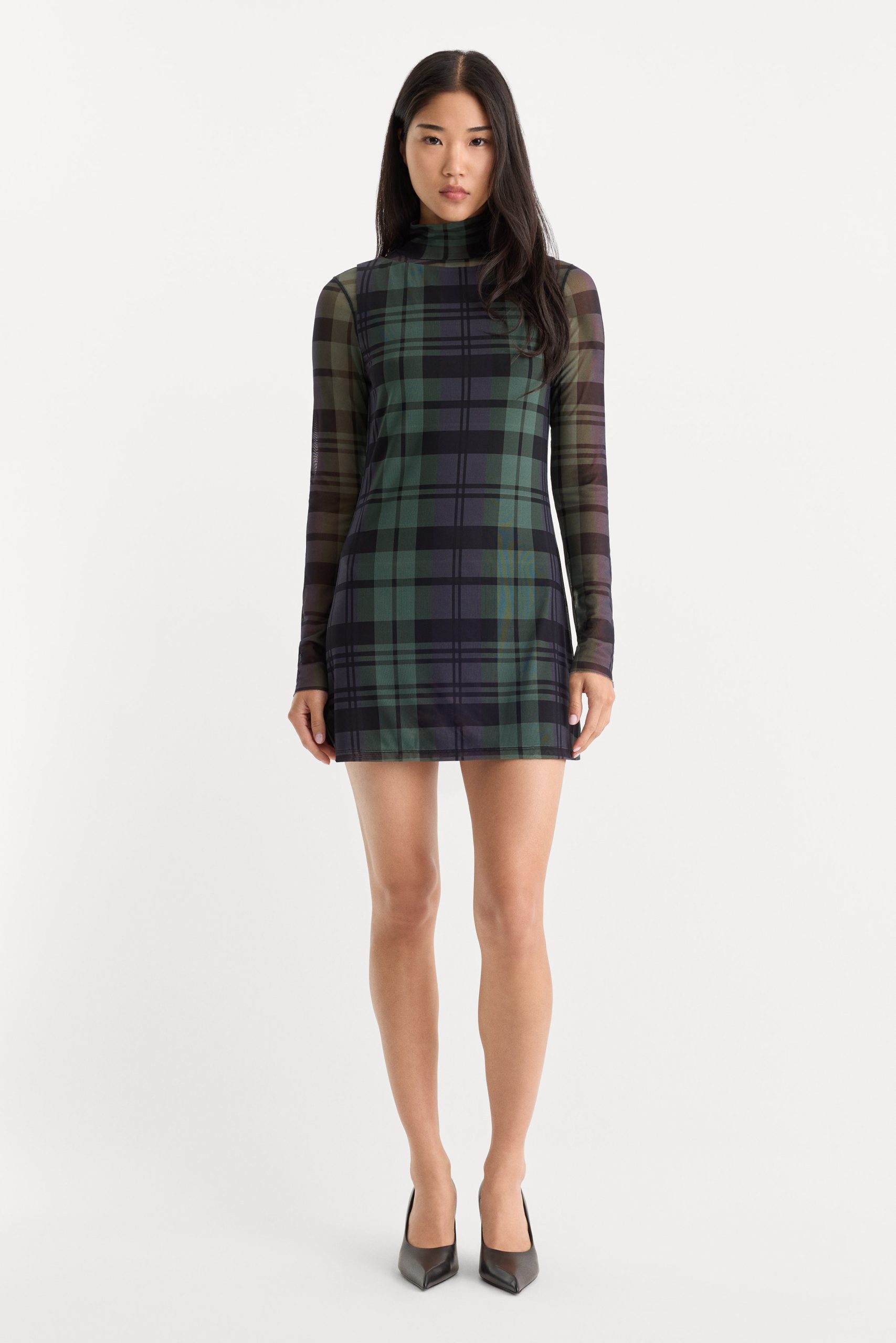 THE MESH MINI DRESS | NAVY AND GREEN PLAID - Image 6