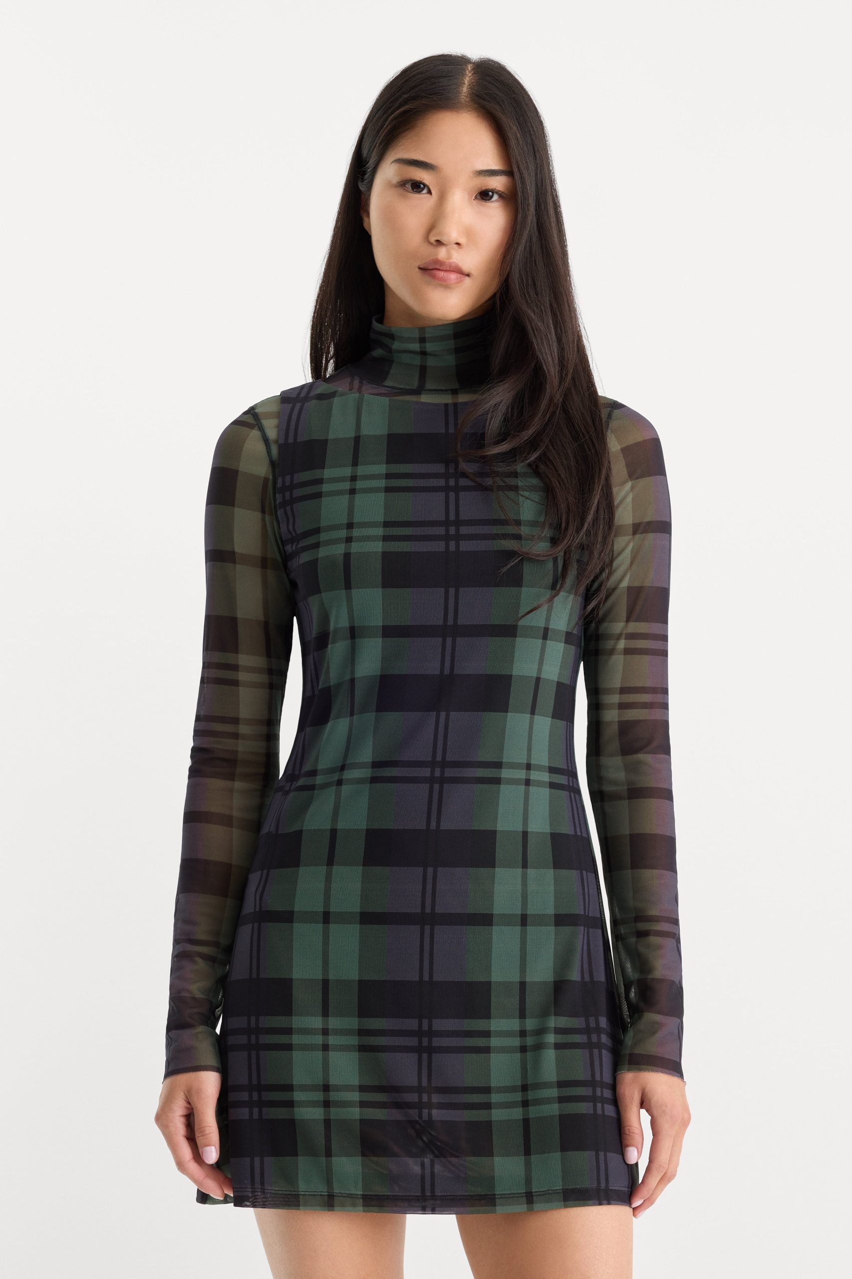 THE MESH MINI DRESS | NAVY AND GREEN PLAID - Image 5