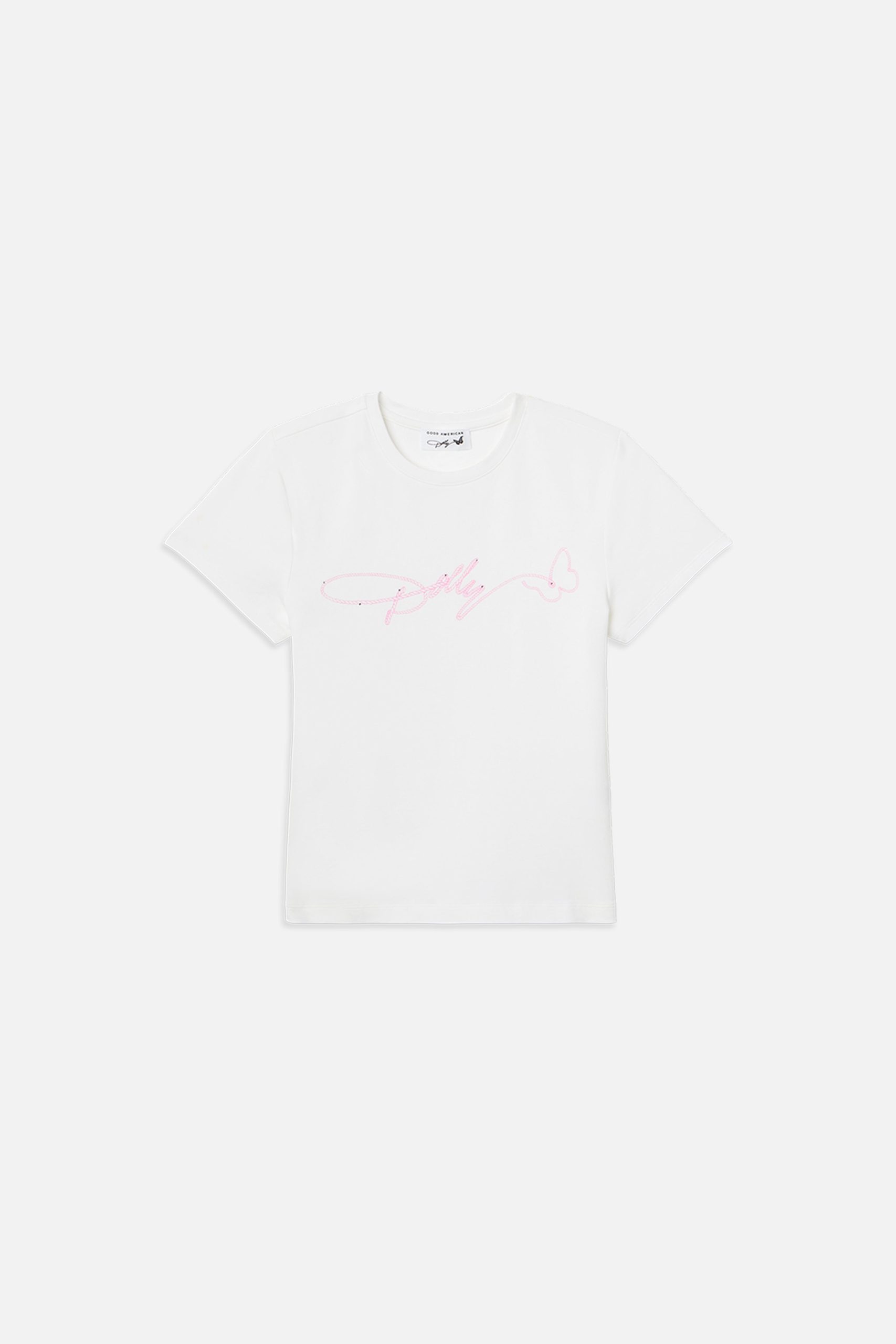 DOLLY SIGNATURE SUPER STRETCH BABY TEE | WHITE/DOLLY PINK - Image 5